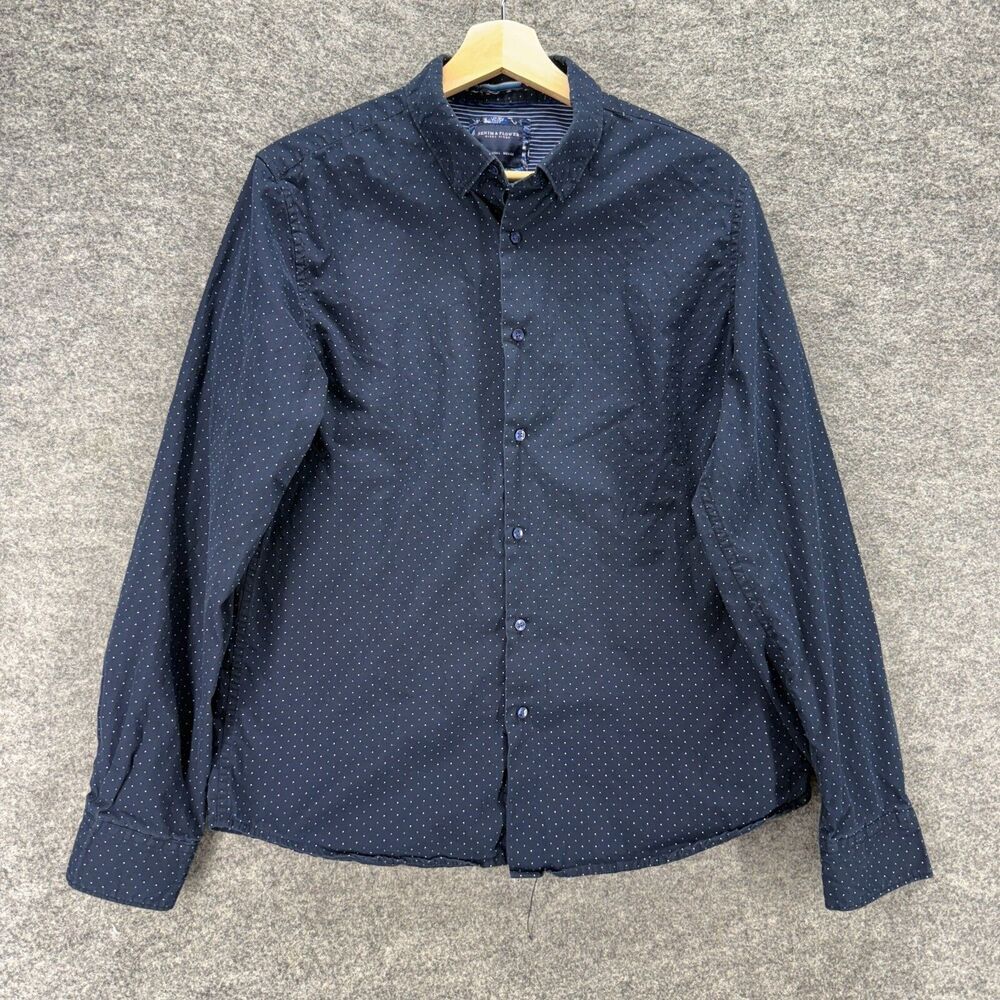 Denim & Flower Shirt Men L Large Blue Polka Dot Button Up Collared Long Sleeve